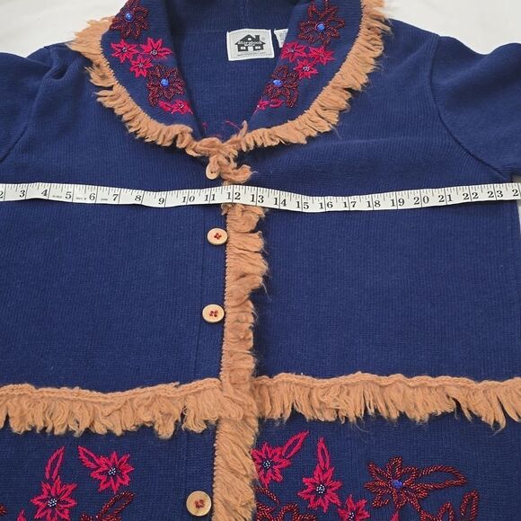 STORYBOOK KNIT Vintage 90s Boho Fringe Beaded Cardigan SZ LARGE - Picture 6 of 9